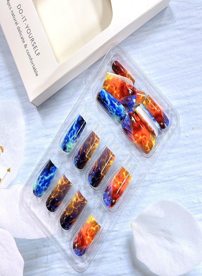 CJDLTS Press On Medium Square Aurora Red and Blue Lightning Design Nails - Full Cover Artificial Acrylic Coffin Nails - Reusable Glue On DIY Stick On for Women - 24Pcs - Image 4